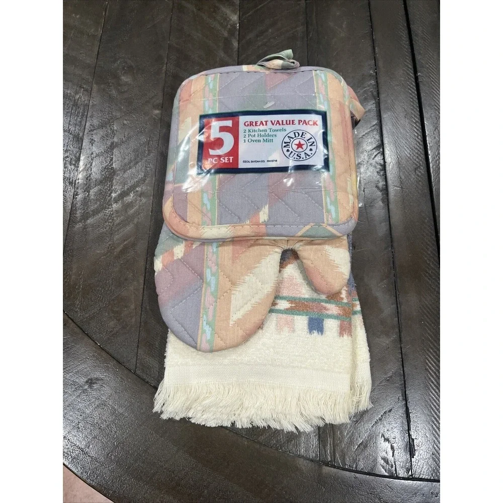 Vtg Cecil Saydah Aztec‎ Sierra Kitchen Towels Oven Mitt Potholders 5 Piece Set